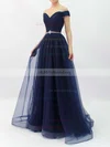 Ball Gown Off-the-shoulder Tulle Sweep Train Beading Prom Dresses #UKM020102612