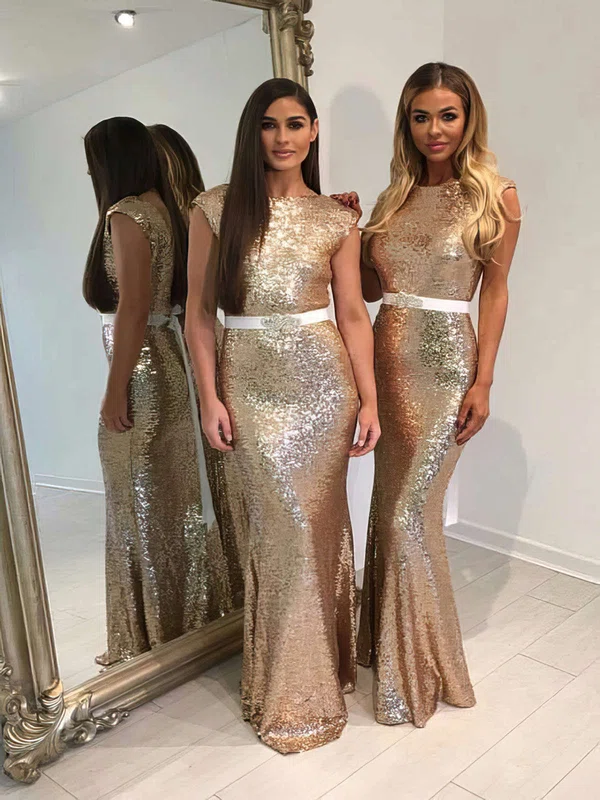 Trumpet/Mermaid Scoop Neck Sequined Floor-length Sashes / Ribbons Sparkly Bridesmaid Dresses #UKM01012911