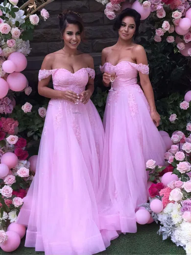 A-line Off-the-shoulder Tulle Floor-length Appliques Lace Unique Bridesmaid Dress #UKM01012926