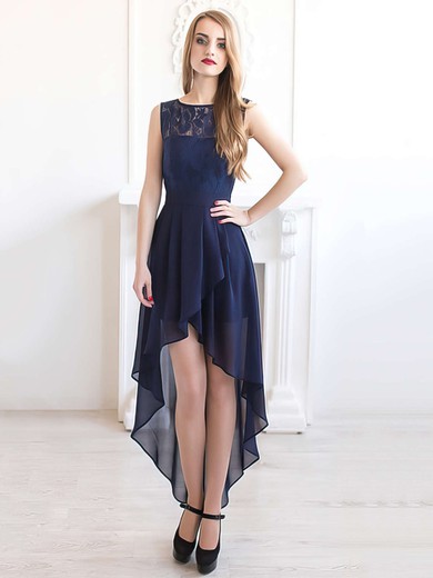A-line Scoop Neck Chiffon with Lace Asymmetrical Dark Navy Bridesmaid Dresses #UKM01012927