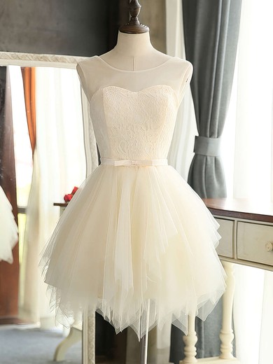 A-line Scoop Neck Lace Tulle Short/Mini Sashes / Ribbons Girls Bridesmaid Dresses #UKM01012941