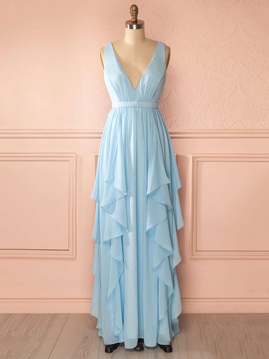 A-line V-neck Chiffon Floor-length Sashes / Ribbons Beautiful Bridesmaid Dresses #UKM01012942
