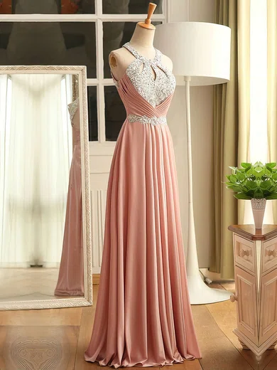 A-line Scoop Neck Chiffon Cut Out Prom Dresses With Beading #UKM020102681