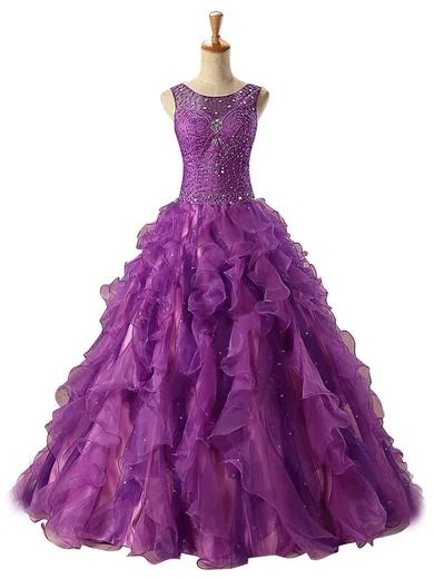 Ball Gown Illusion Tulle Ruffle Tiered Prom Dresses With Beading #UKM020102691