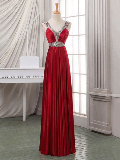 Sheath/Column V-neck Floor-length Satin Beading Prom Dresses #UKM020102704