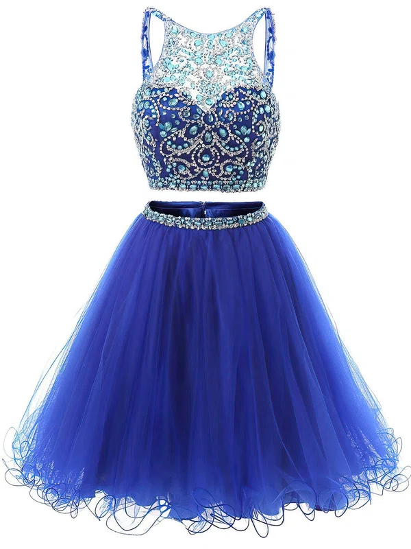 Two Piece Short/Mini A-line Scoop Neck Tulle Beading Royal Blue Backless Short Prom Dresses #UKM020102726
