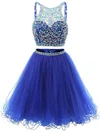 Two Piece Short/Mini A-line Scoop Neck Tulle Beading Royal Blue Backless Short Prom Dresses #UKM020102726