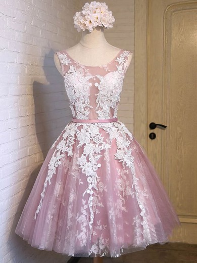 A-line Scoop Neck Tulle Appliques Lace Exclusive Knee-length Short Prom Dresses #UKM020102736