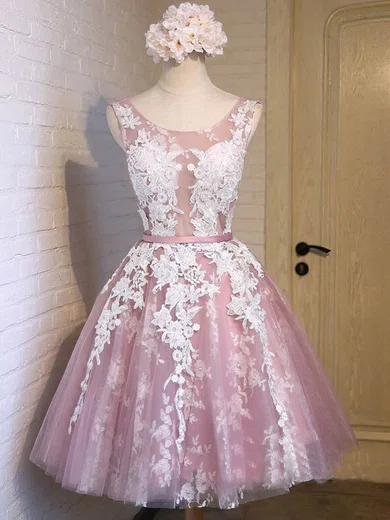 Ball Gown Illusion Tulle Prom Dresses With Appliques #UKM020102736