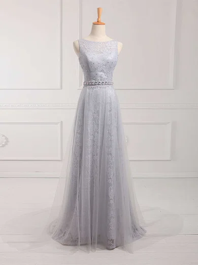 A-line Illusion Lace Tulle Prom Dresses With Beading #UKM020102739
