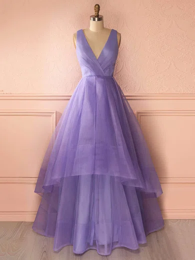 Ball Gown V-neck Tulle Floor-length Tiered Prom Dresses #UKM020102740