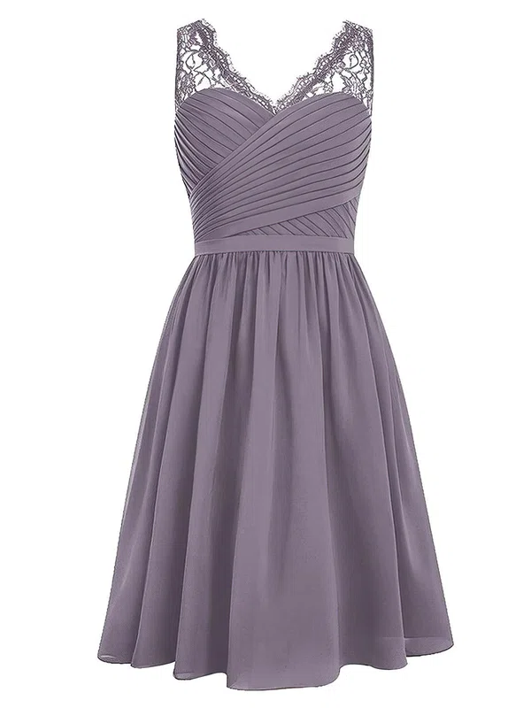 Wholesale A-line V-neck Chiffon Knee-length Lace Bridesmaid Dresses #UKM01012958