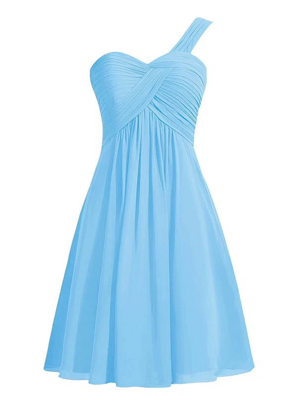 Empire One Shoulder Chiffon Knee-length Ruffles Custom Blue Bridesmaid Dresses #UKM01012959