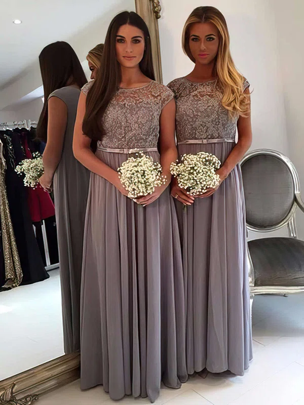 A-line Scoop Neck Chiffon Tulle Floor-length Appliques Lace Classy Bridesmaid Dresses #UKM01012962