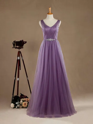 Elegant A-line V-neck Tulle Floor-length Beading Open Back Bridesmaid Dresses #UKM01012965