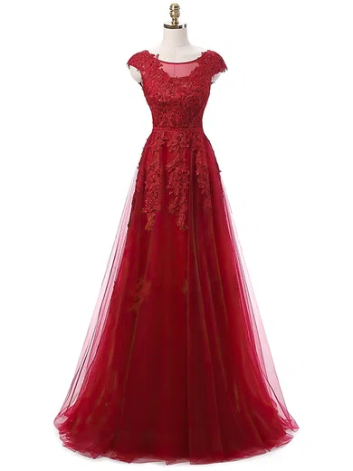 Ball Gown Illusion Tulle Modest Prom Dresses With Appliques #UKM020102626