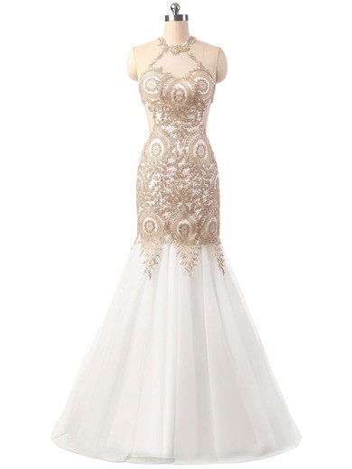Trumpet/Mermaid Halter Floor-length Tulle Appliques Lace Prom Dresses #UKM020102644