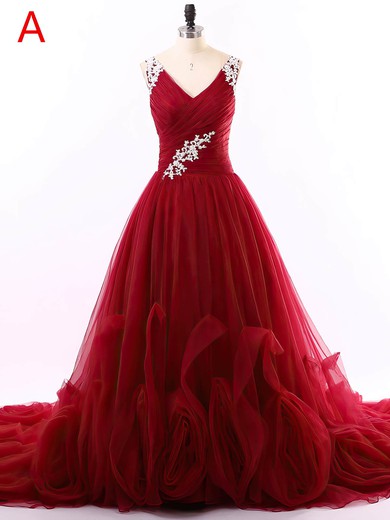 Modest Princess V-neck Tulle Court Train Appliques Lace Burgundy Prom Dresses #UKM020102646
