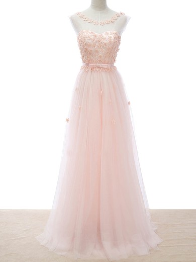 A-line Scoop Neck Floor-length Tulle Sashes / Ribbons Prom Dresses #UKM020102647