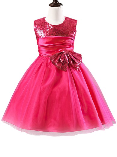 Beautiful A-line Scoop Neck Tulle Sequined with Bow Tea-length Flower Girl Dresses #UKM01031902