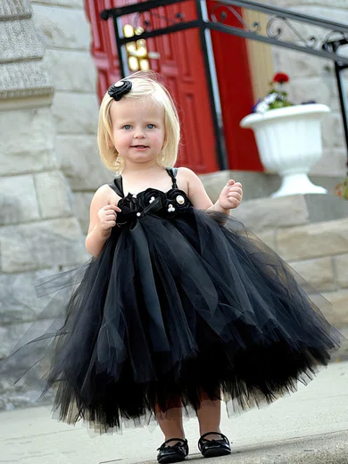 Cute Princess Square Neckline Tulle Flower s Black Tea length Flower Girl Dresses