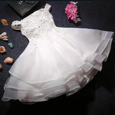 Custom A-line Off-the-shoulder Organza Beading Tea-length Flower Girl Dresses #UKM01031919