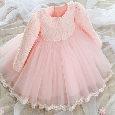 Popular Ball Gown Scoop Neck Lace Tulle Ankle-length Bow Long Sleeve Flower Girl Dresses #UKM01031921