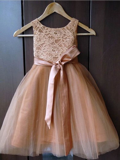 New A-line Scoop Neck Lace Tulle Sashes / Ribbons Ankle-length Flower Girl Dresses #UKM01031929