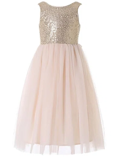 Discounted A-line Scoop Neck Tulle Sequined Floor-length Bow Flower Girl Dresses #UKM01031931