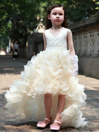 Unique A line V neck Organza Beading Asymmetrical Flower Girl Dresses MillyBridal