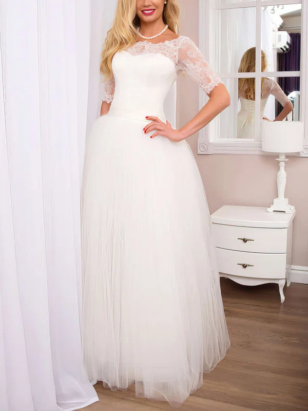 White A-line Scoop Neck Tulle Floor-length Lace 1/2 Sleeve Unique Wedding Dresses #UKM00022525