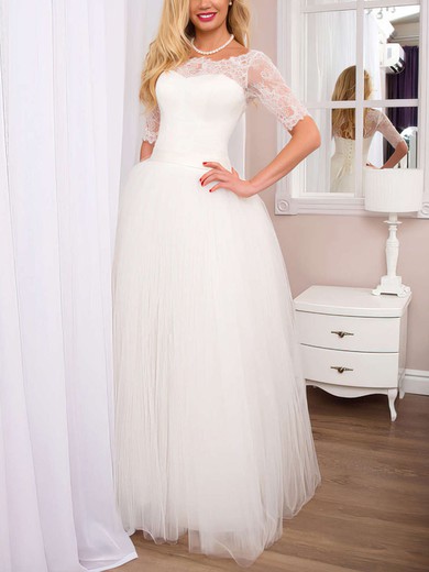 Ball Gown Illusion Tulle Floor-length Wedding Dresses With Lace #UKM00022525
