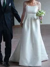 A-line Scoop Neck Satin Sweep Train Wedding Dresses With Ruffles #UKM00022526