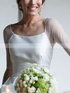 Different A-line Scoop Neck Satin Tulle Sweep Train Ruffles 1/2 Sleeve Backless Wedding Dresses #UKM00022526