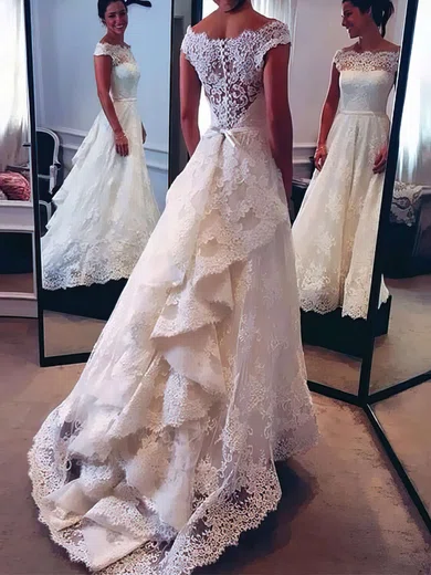 Ball Gown/Princess Off-the-shoulder Lace Sweep Train Wedding Dresses With Cascading Ruffles #UKM00022528