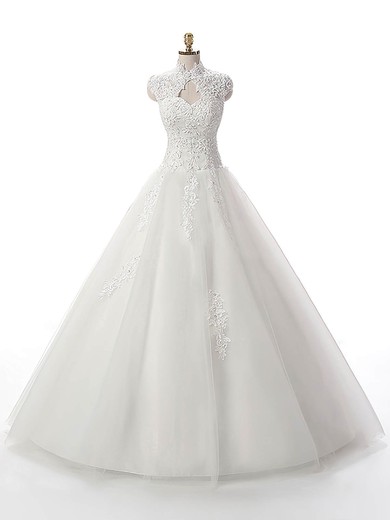 Modest Ball Gown High Neck Tulle Floor-length Appliques Lace White Wedding Dresses #UKM00022537