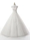 Ball Gown High Neck Tulle Floor-length Wedding Dresses With Appliques Lace #UKM00022537