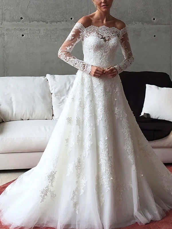 A-line Off-the-shoulder Tulle Sweep Train Appliques Lace Long Sleeve ...