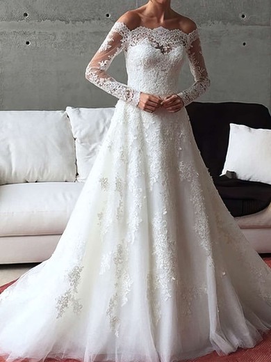 Ball Gown/Princess Off-the-shoulder Tulle Sweep Train Wedding Dresses With Appliques Lace #UKM00022541