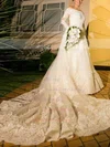 Amazing A-line Scoop Neck Tulle Chapel Train Beading Long Sleeve Wedding Dresses #UKM00022542