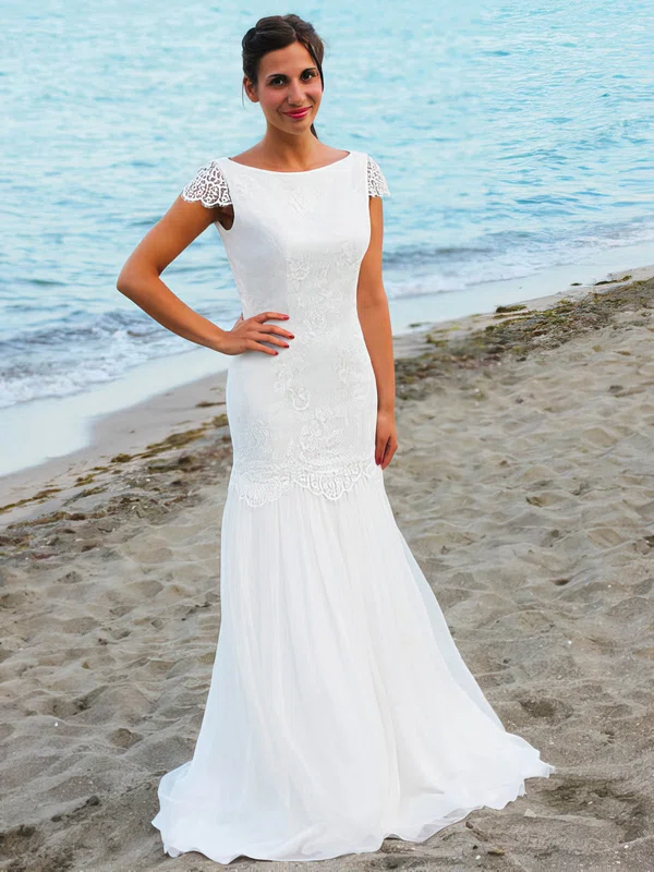 Trumpet/Mermaid Scoop Neck Chiffon Floor-length Wedding Dresses With Lace #UKM00022545