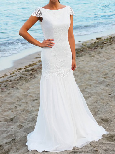 Trumpet/Mermaid Scoop Neck Chiffon Floor-length Wedding Dresses With Lace #UKM00022545