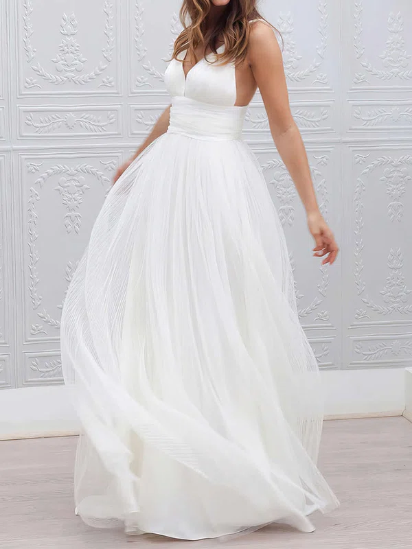 A-line V-neck Tulle Floor-length Wedding Dresses With Ruffles #UKM00022553