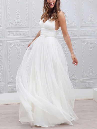 A-line V-neck Tulle Floor-length Wedding Dresses With Ruffles #UKM00022553