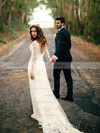 Sheath/Column V-neck Lace Tulle Sweep Train Appliques Lace Long Sleeve Backless Wedding Dress #UKM00022558