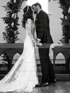 Sheath/Column V-neck Lace Tulle Sweep Train Appliques Lace Long Sleeve Backless Wedding Dress #UKM00022558