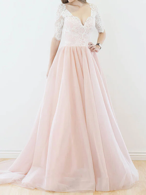 Ball Gown/Princess V-neck Lace Tulle Sweep Train Wedding Dresses #UKM00022565