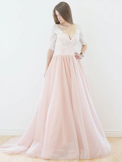Backless A-line V-neck Lace Tulle Sweep Train Lace 1/2 Sleeve Newest Wedding Dresses #UKM00022565