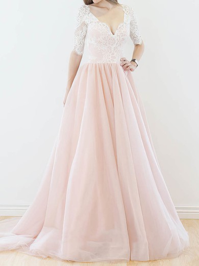 Ball Gown/Princess V-neck Lace Tulle Sweep Train Wedding Dresses #UKM00022565