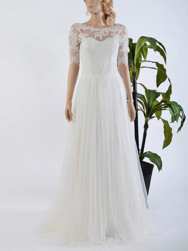 A-line Illusion Tulle Sweep Train Wedding Dresses With Appliques Lace #UKM00022567